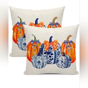 Fall Pillow Covers 20x20 Pack ofChinoiserie Blue and Orange Pumpkin Throw, 4PK